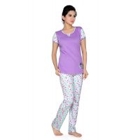 Town Girl-Purple Colour Top Kiss Pattern Pyjama Night Suit