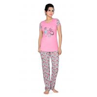 Town Girl-Cute Pink Color Top Floral Print Pyjama Night Suit
