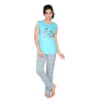 Town Girl-Cute Sky Blue Color Top Floral Print Pyjama Night Suit