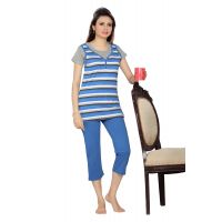 Town Girl-Blue White Stripes Top Solid Color Capry Night Suit