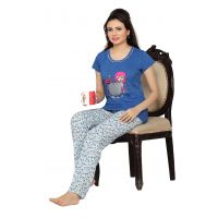 Town Girl-Blue Color Trendy Top Floral Pattern Pyjama Night Suit