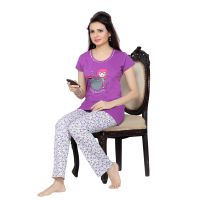 Town Girl-Light Purple Color Top Floral Pattern Pyjama Night Suit