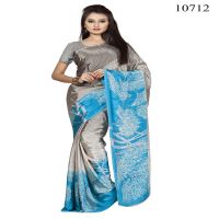 Viva N Diva grey & sky blue colored crepe printed saree.