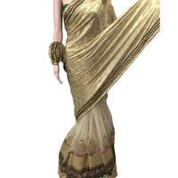 Viva N Diva Gold And White Colored Pure Georgette With Net Saree
