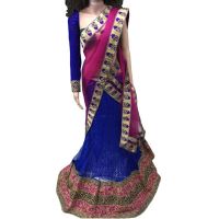 Viva N Diva Blue And Pink Colored Net  Saree