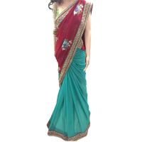 Viva N Diva Maroon And Blue Colored Pure Georgette With Lycra Saree