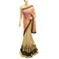Viva N Diva Pink And Beige Colored Pure Lycra With Net Saree