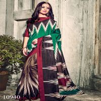 Viva N Diva Green & Chikoo Colored Bhagalpuri Silk Printed Saree
