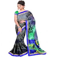 Grey Colour Chiffon Floral Printed Occation Wear Traditional Saree With Matching Blouse Piece