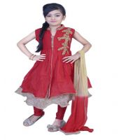 Pazaar Rose-Madder Red And Peach Yellow Embroidered Festival Kids Anarkali Suit