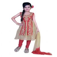 Pazaar Rose-Madder Red And Peach Yellow Embroidered Festival Kids Anarkali Suit