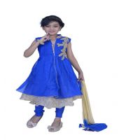Pazaar Persian Blue And Peach Yellow Embroidered Festival Kids Anarkali Suit