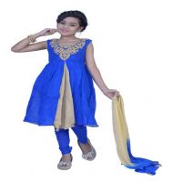 Pazaar Persian Blue And Peach Yellow Embroidered Festival Kids Anarkali Suit