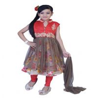 Pazaar Rose-Madder Red And Deep Fallow Brown Embroidered Festival Kids Anarkali Suit