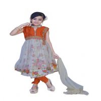 Pazaar Off-white And Pumpkin Orange Embroidered Festival Kids Anarkali Suit