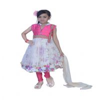 Pazaar Off-white And Hot Pink Embroidered Festival Kids Anarkali Suit