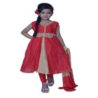 Pazaar Rose-madder Red And Peach Yellow Embroidered Festival Kids Anarkali Suit