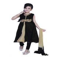 Pazaar Black And Peach Yellow Embroidered Festival Kids Anarkali Suit