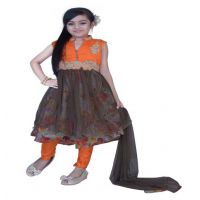 Pazaar Pumpkin Orange And Deep Fallow Brown Embroidered Festival Kids Anarkali Suit
