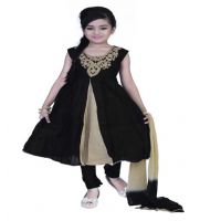 Pazaar Black  And Peach Yellow Embroidered Festival Kids Anarkali Suit