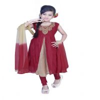 Pazaar Rose-madder Red And Peach Yellow Embroidered Festival Kids Anarkali Suit