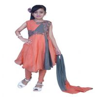Pazaar Salmon Orange And Slate Gray Embroidered Festival Kids Anarkali Suit