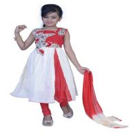 Pazaar Off-White And Rose-Madder Red Embroidered Festival Kids Anarkali Suit