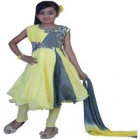 Pazaar Lemon Yellow and Slate Gray Embroidered Festival Kids Anarkali Suit
