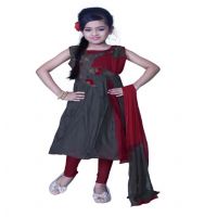 Pazaar Arsenic Gray And Crimson Red Embroidered Festival Kids Anarkali Suit