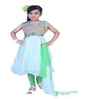 Pazaar Off-white And Celadon Green Embroidered Festival Kids Anarkali Suit
