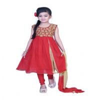 Pazaar Rose-Madder Red And Peach Yellow Embroidered Festival Kids Anarkali Suit
