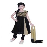 Pazaar Black And Peach Yellow Embroidered Festival Kids Anarkali Suit