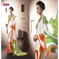 White & Orange Silk Crepe Printed Saree
