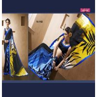 Blue & Black Silk Crepe Printed Saree