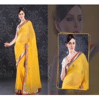 Pazaar Amber Yellow Embroidered Party Saree  With Zari Thread