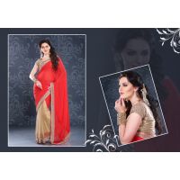 Pazaar Mohini Red & Papaya Faux Georgette & Net Embroidered Saree