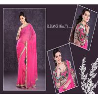 Pazaar Cerise Pink Embroidered Party Saree  With Zari  Resham Thread