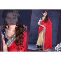 Pazaar Mohini Crimson Red & Yellow Faux Georgette & Net Embroidered Saree
