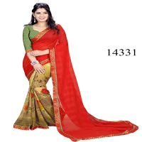 Viva N Diva Red & Beige Colored Marble Georgette Printed Saree