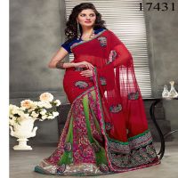 Viva N Diva Red & Green Colored Georgette & Net Saree