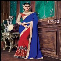 Viva N Diva Blue And Red Colored Georgette Jacquard And Georgette Saree