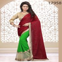 Viva N Diva Maroon And Green Colored Velvet And Georgette Saree