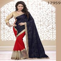 Viva N Diva Blue And Red Colored Velvet And Georgette Saree