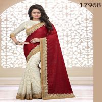 Viva N Diva Red And Off White Colored Velvet And Cotton Net Saree