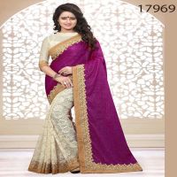 Viva N Diva Pink And Off White Colored Velvet And Cotton Net Saree