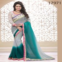 Viva N Diva Grey And Green Colored Georgette Saree.