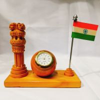 Wooden clock - Office Decor - Ashoka Stambh- Flag - Table Showpiece