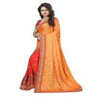 Yellow & Peach Colored Crepe Silk Saree.