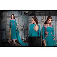 Hi-Fashion Bule Embroidered Straight Suit 
