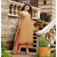 Hi-Fashion Beige Embroidered Semi Stitched Straight Suit